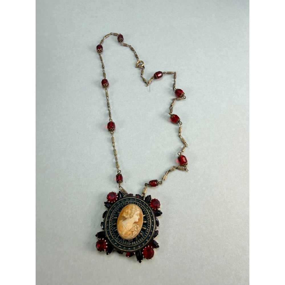 Vintage Victorian Revival Cameo Garnet Red Glass Rhinestone Pendant Necklace